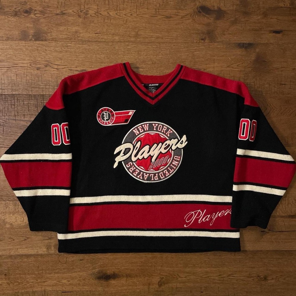Bare Fox Hockey Jersey Sweater Mens L Black Red Retro Streetwear Knit Top